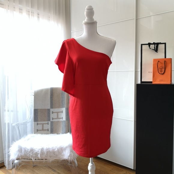 Red Ruffle One Sleeve Mini Dress - M - Picture 1 of 7